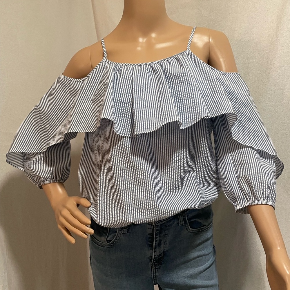 Everly Blue and White Striped Cold-Shoulder Ruffle Blouse